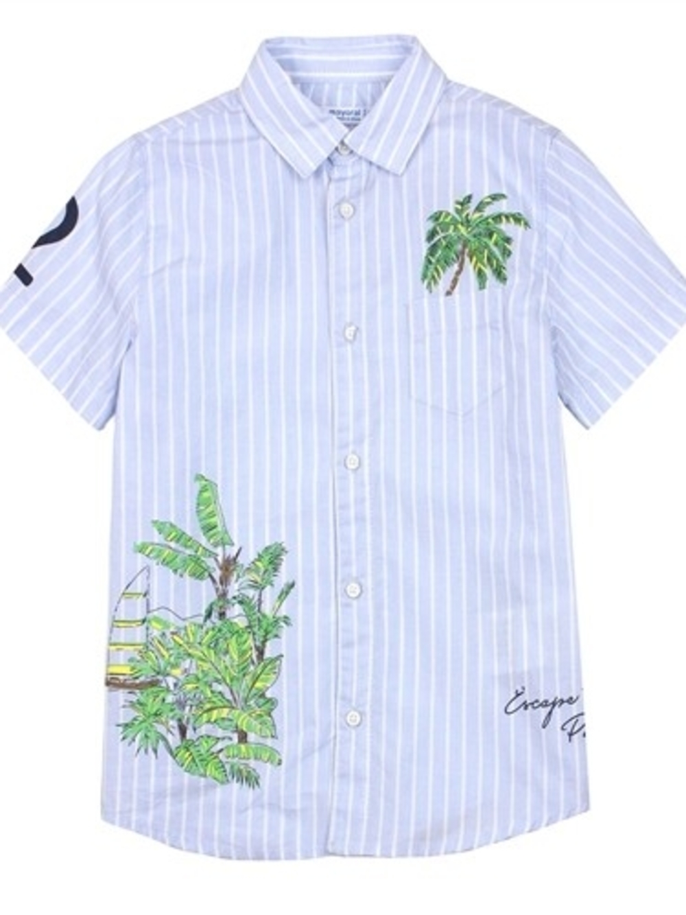 Mayoral Light Blue & White Striped Button-Down Shirt with Green Palm Print